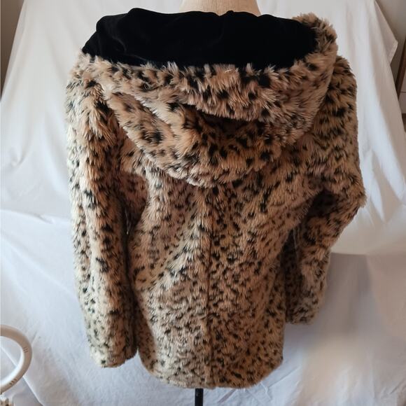 Baluoke Women's Faux Leopard Fur Coat with Hood & Pockets Size Small - Picture 4 of 9